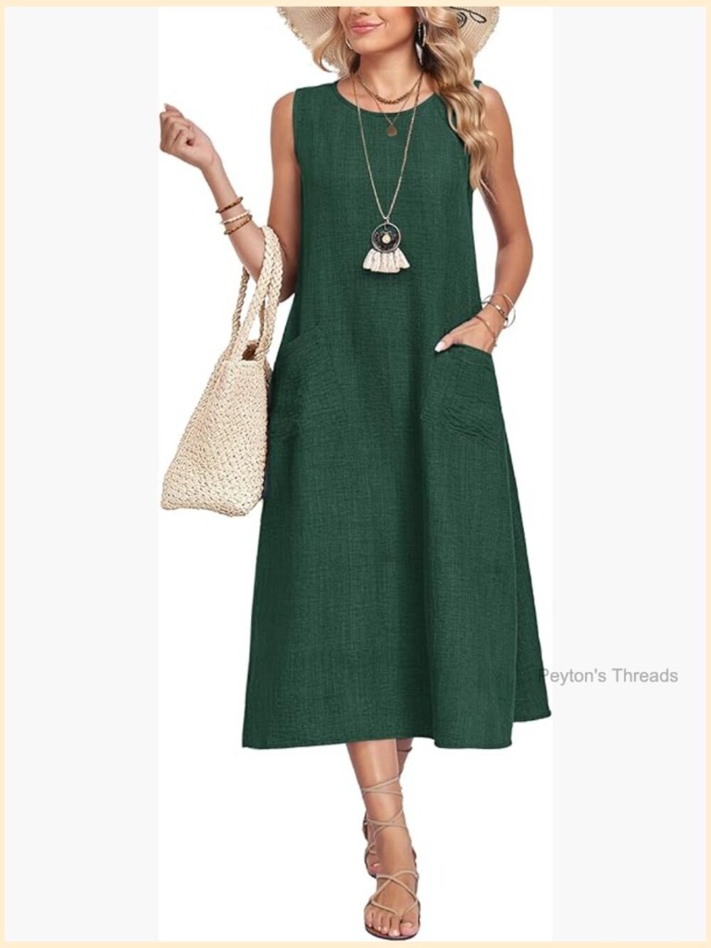 Sleeveless Crewneck Midi Sundress with Pockets Casual Summer Dress